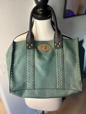 Studded Vegan Leather Tote Bag Handbag, Green with Gold Rivets & Turn-Lock